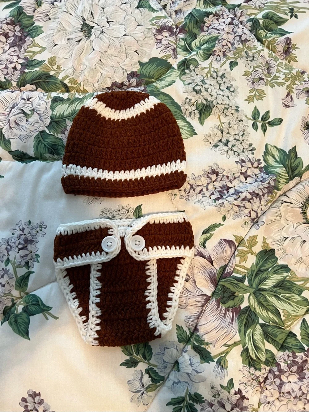 2 Piece Football “Sack” & Hat. Crocheted. Sz: 0-3 months